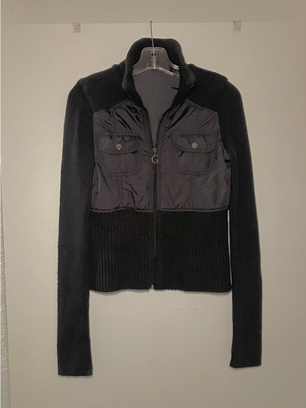 GUESS Black Mixed-Media Utility Zip Jacket; Some Piling on Sweater Portion